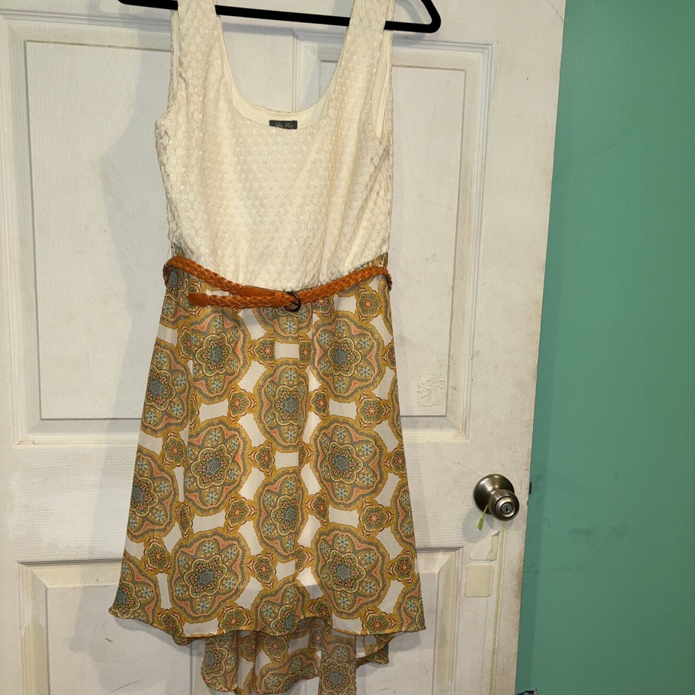 Lily Rose Cream Crochet Top With Belt/orange Aztec Design Hi-Low Dress Size XL